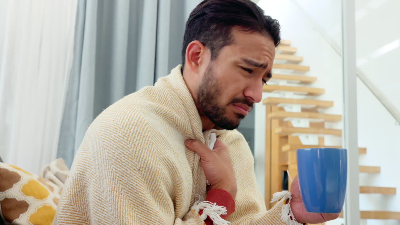 hombre enfermo, covid y gripe mientras bebe medicina