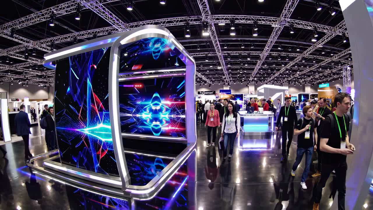 Fisheye view of a futuristic exhibition hall with vibrant LED displays and crowds