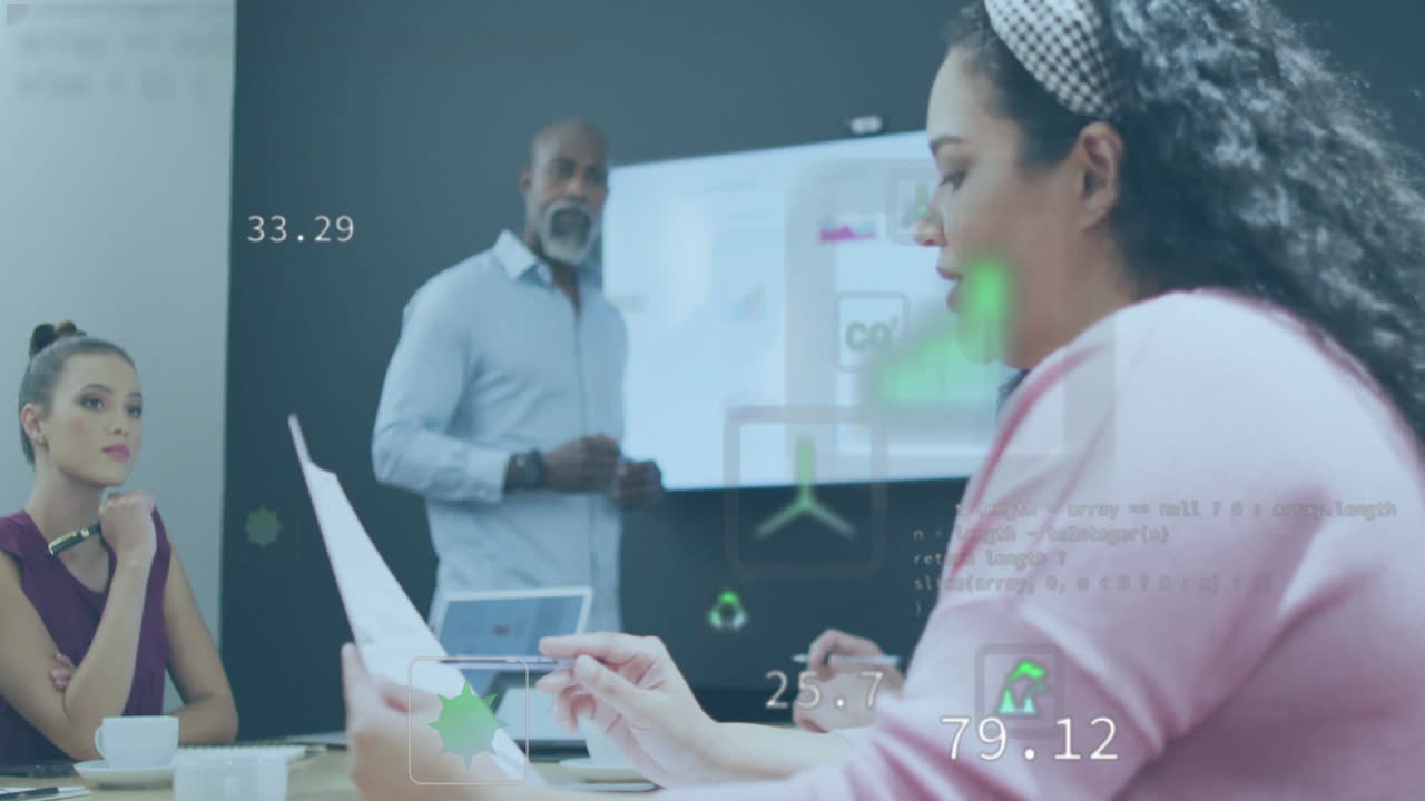 Animation of ecology icons and data processing over diverse colleagues discussing work in office
