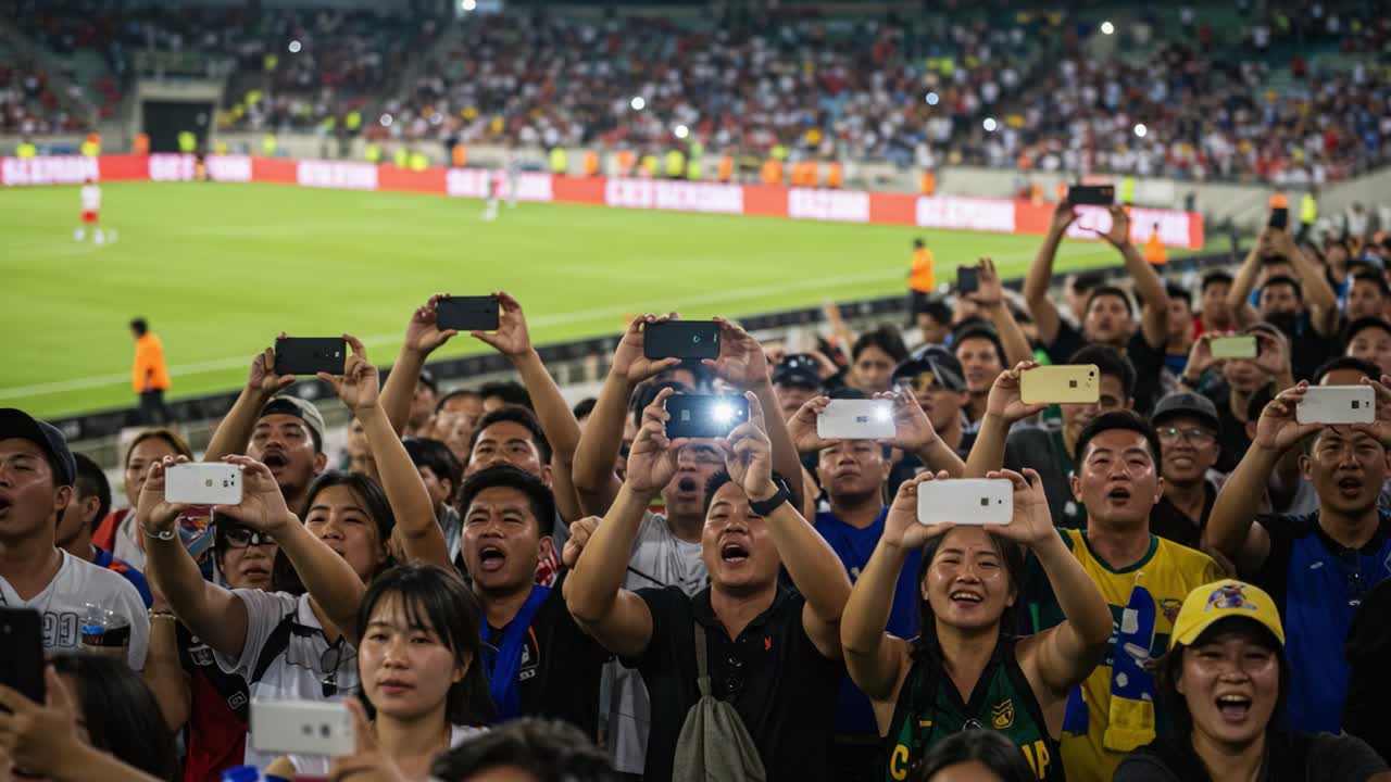 Excited Fans Capturing the Thrill of Soccer Action with Their Phones in a Packed Stadium, Celebrating the Electrifying Atmosphere of the Game