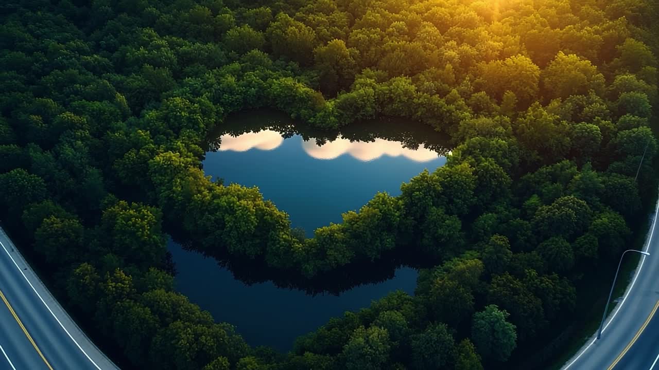 Heart-shaped lake surrounded by trees. A tranquil heart-shaped lake reflects the sky, bordered by lush greenery and complemented by a golden sunset.
