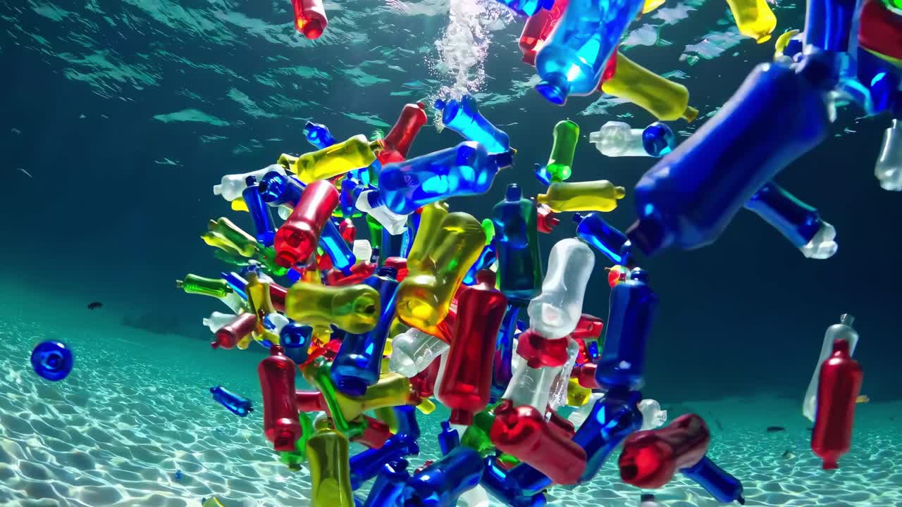 Plastic bottles of different colors floating underwater, polluting the ocean and damaging the environment, illustrating the global plastic pollution issue