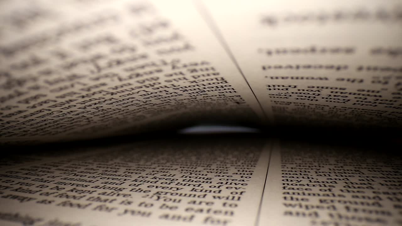 empujando lentamente la lente en un libro a la vista de las palabras de las páginas, páginas en la parte superior e inferior del punto de vista