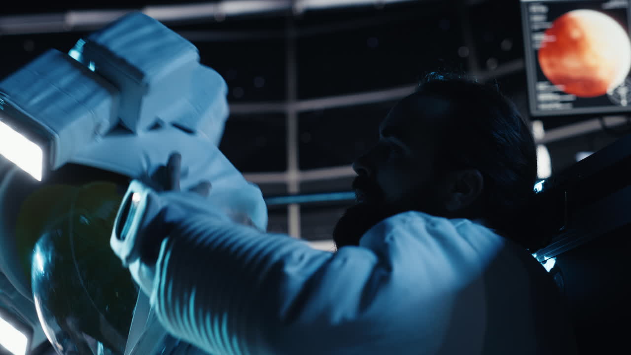 Man feeling emotional toll in deep space inside silent orbital station