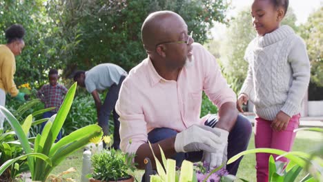 african american family working in garden on sunny day