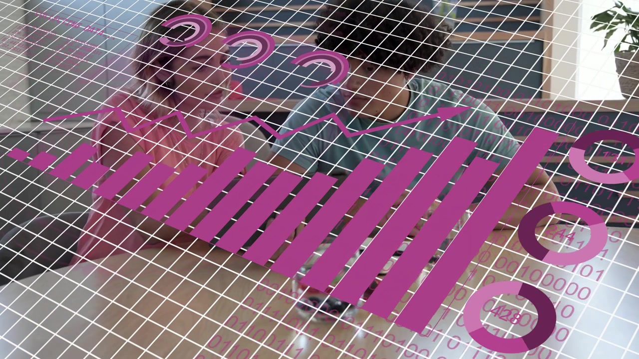 Woman showing tablet, man pointing, analyzing business data while magenta AR bar chart expanding