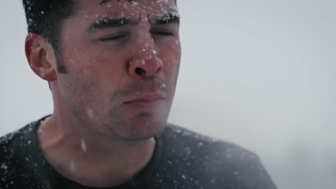 A Struggle Against the Elements: Capturing the Emotional Turmoil of a Man Battling Harsh Winter Conditions in Two Intense Frames from a Gripping Video Narrative