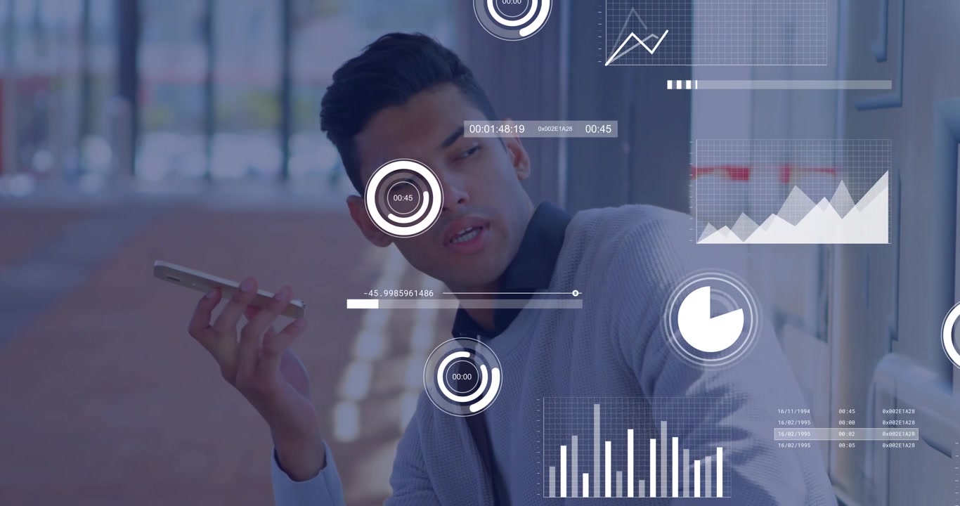 Student sitting bench lifting smartphone and sending business update while animated charts emerging