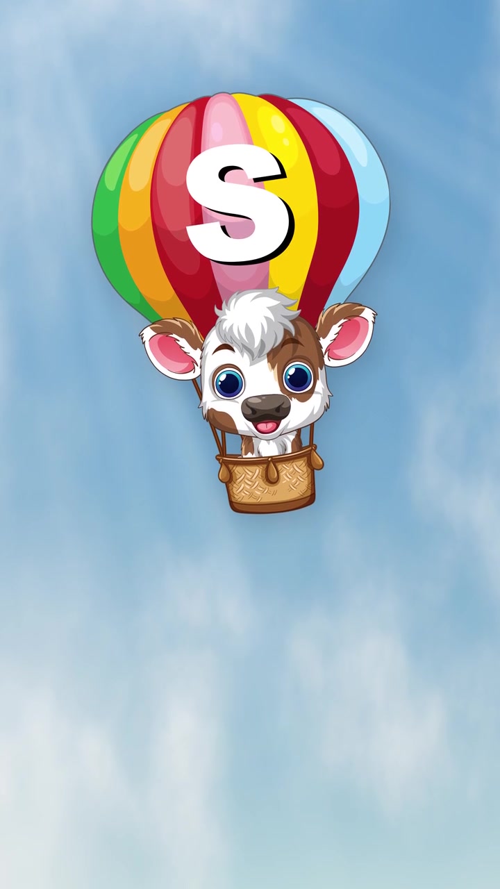 Animação vertical de uma vaca de desenho animado fofa descendo em um balão de ar quente colorido