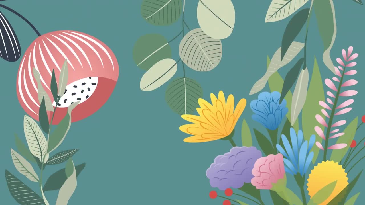 animación de flores coloridas y follaje verde sobre un fondo gris