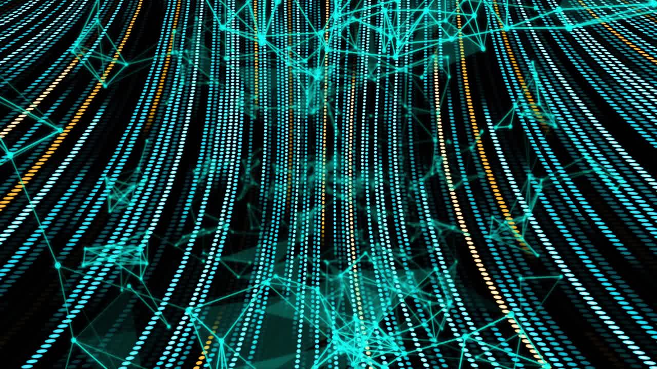 Opening animation showing dot streams cascading then forming mesh network representing data flow