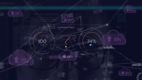 animación del velocímetro, la batería, iconos conectados con números sobre el retrato de un hombre caucásico