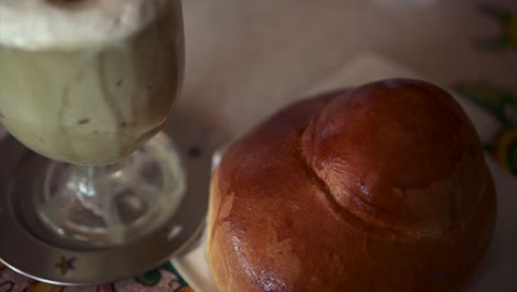 close up, traditional sicilian breakfast, granita and brioche bun
