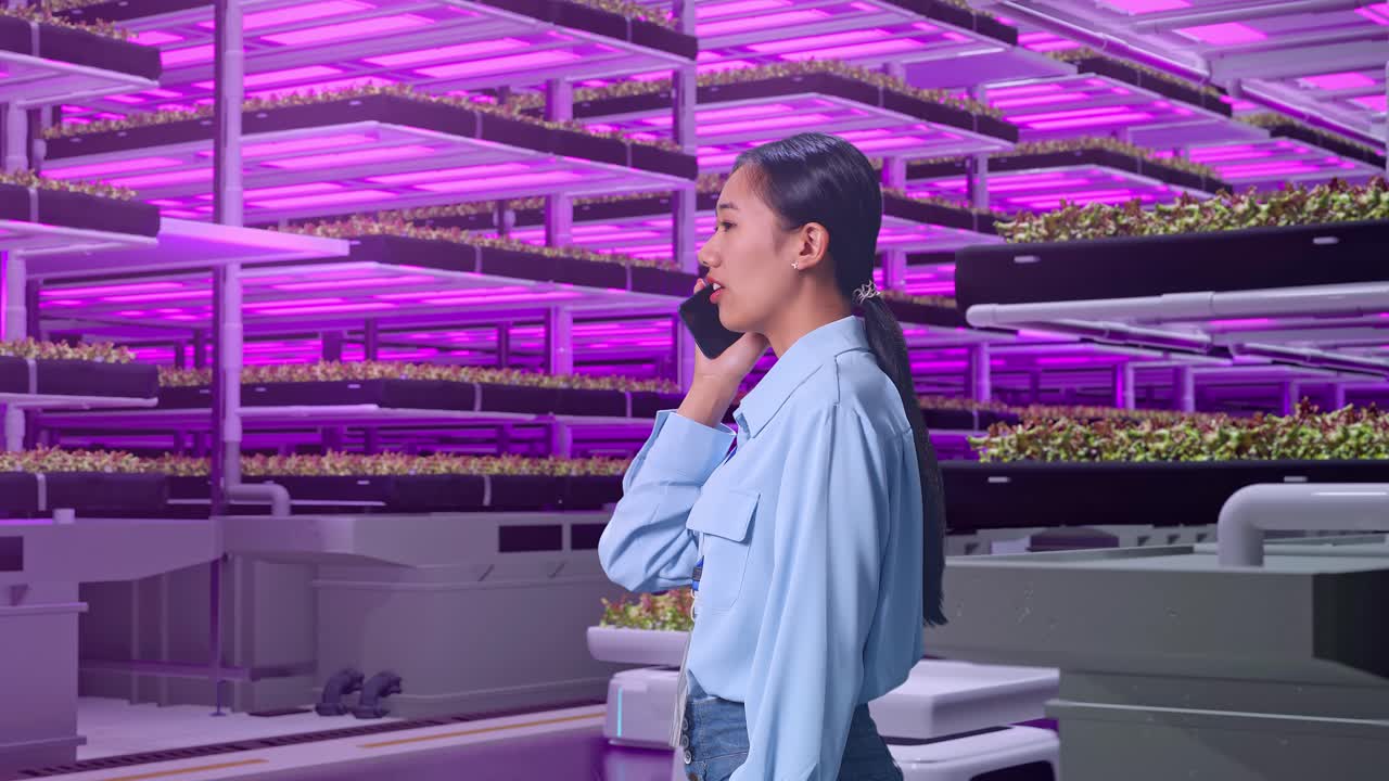 Seitenansicht einer asiatischen Fachkraft, die in einer Hightech-Vertikalfarm steht. Sie nimmt das Telefon und spricht mit einem leichten Lächeln hinein.
