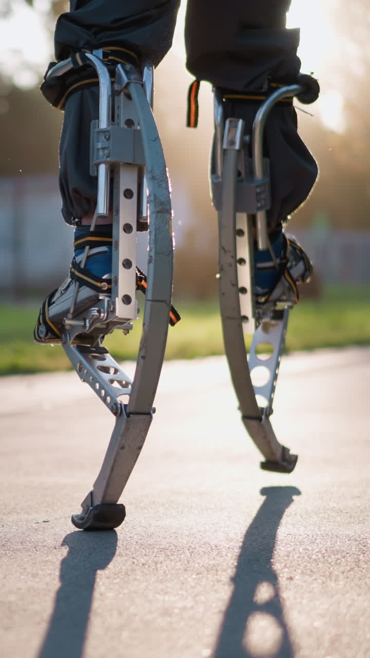 은 야외 환경에서 포장 된 길을 따라 스프링 스에 걸어가는 chap의 다리, 어두운 옷을 입고. 낮은 카메라 각도는 스에 초점을 맞추고, 움직임, 균형을 강조합니다.