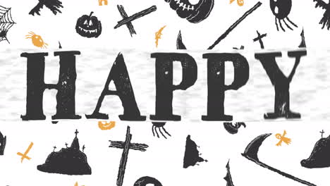 animación de texto feliz de halloween sobre calabazas, arañas, cruces sobre fondo blanco