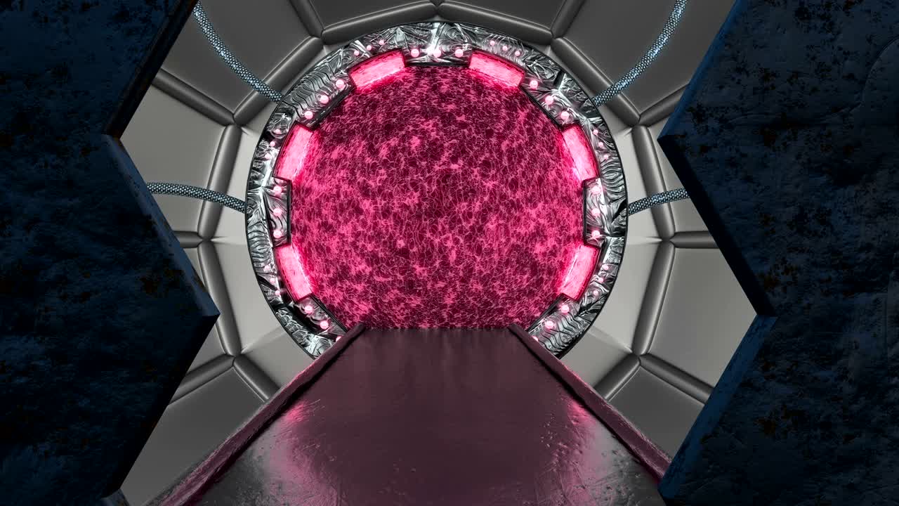 vista panorámica de la escena del paisaje de la estación. fondo abstracto 3d de corredor de ciencia ficción con portal. tecnología futurista abstracto vj sin costuras para títulos tecnológicos y fondo.