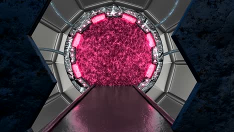 panoramic view to the station landscape scene. 3d abstract background of sci-fi corridor with portal. futuristic technology abstract seamless vj for tech titles and background.