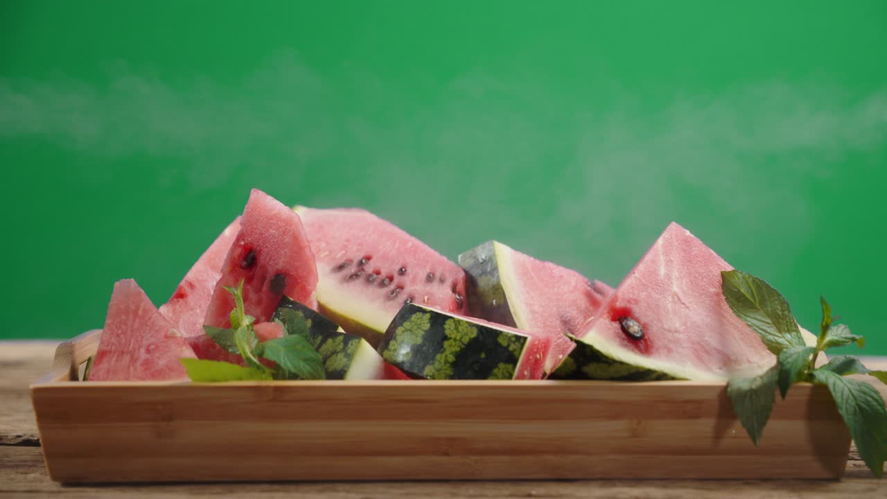 sandía en rebanadas en una bandeja de madera con vapor frío.