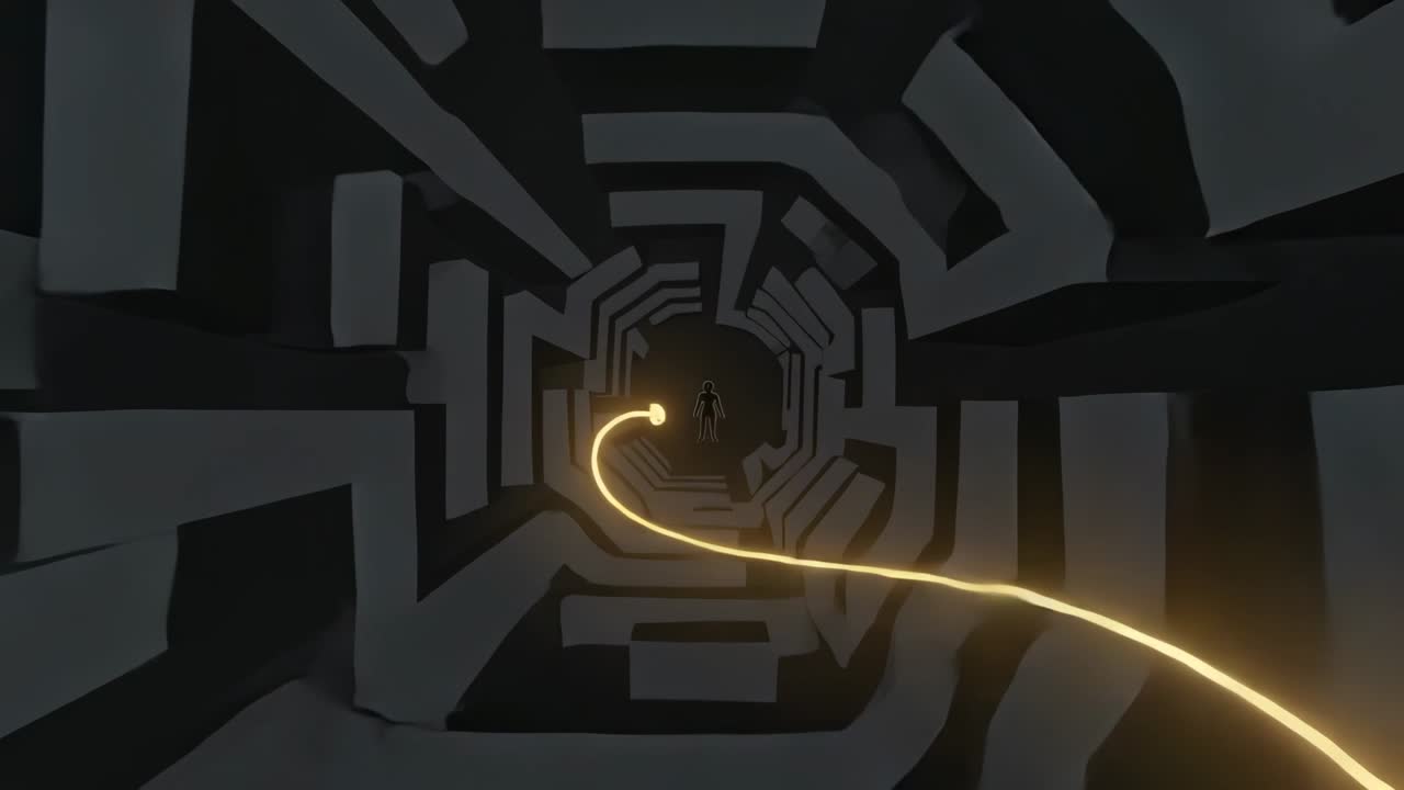 Traveling gold orb sending ribbon toward dark silhouette in angular tunnel, wrapping torso to glow