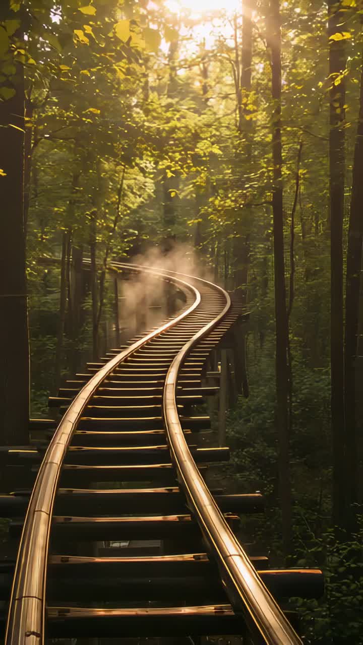 Vertical video: Leading curved metal rails curving into sunlit forest, sun brightening lifting mist