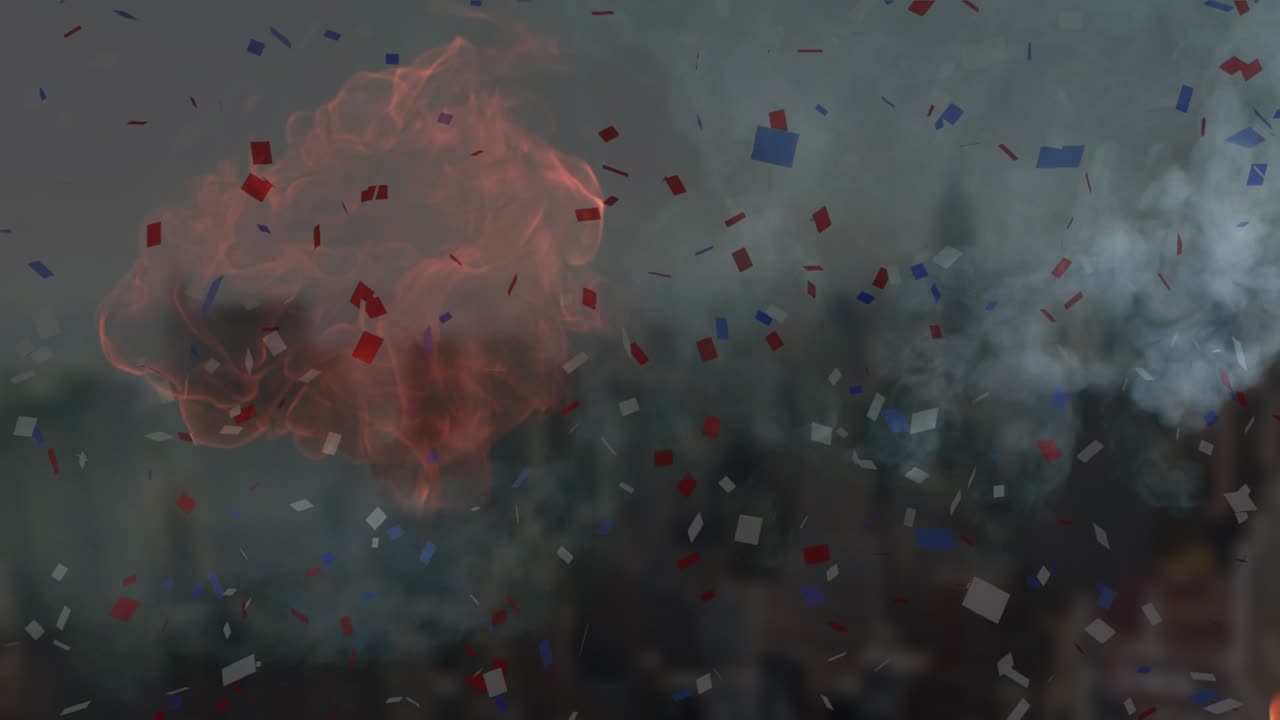 Animation af faldende farverig konfetti og flammer