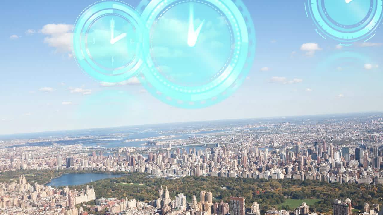 도시 풍경 위에 움직이는 시계의 애니메이션