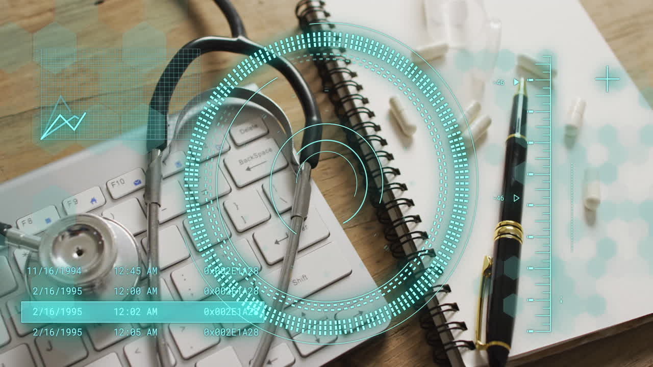 animación de escaneo de alcance y procesamiento de datos sobre el consultorio del médico con estetoscopio y pastillas