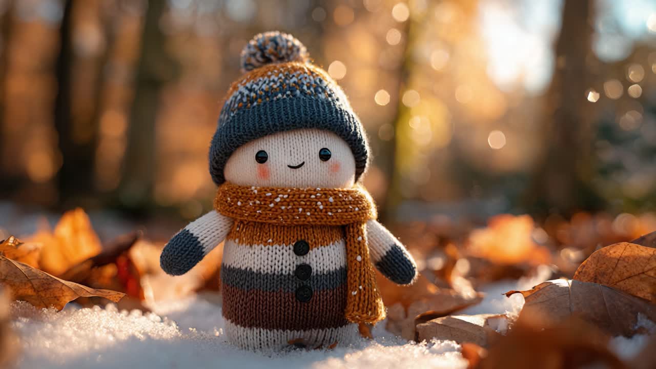 Charming Handcrafted Snowman: A Delightful Knitted Character Wrapped in Winter Warmth Surrounded by Autumn Leaves and Soft Natural Light