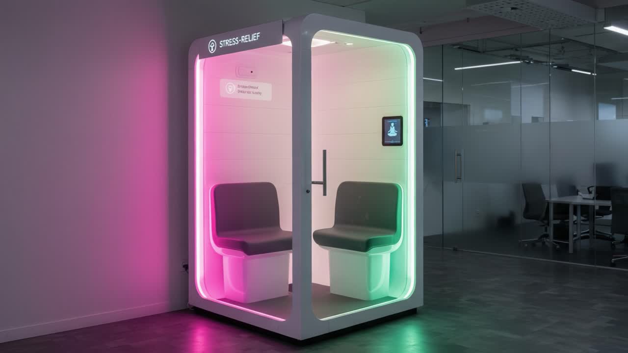 Innovative Stress-Relief Pod Designed for Modern Workspaces to Promote Relaxation and Well-Being with Soothing Lighting and Comfortable Seating Options