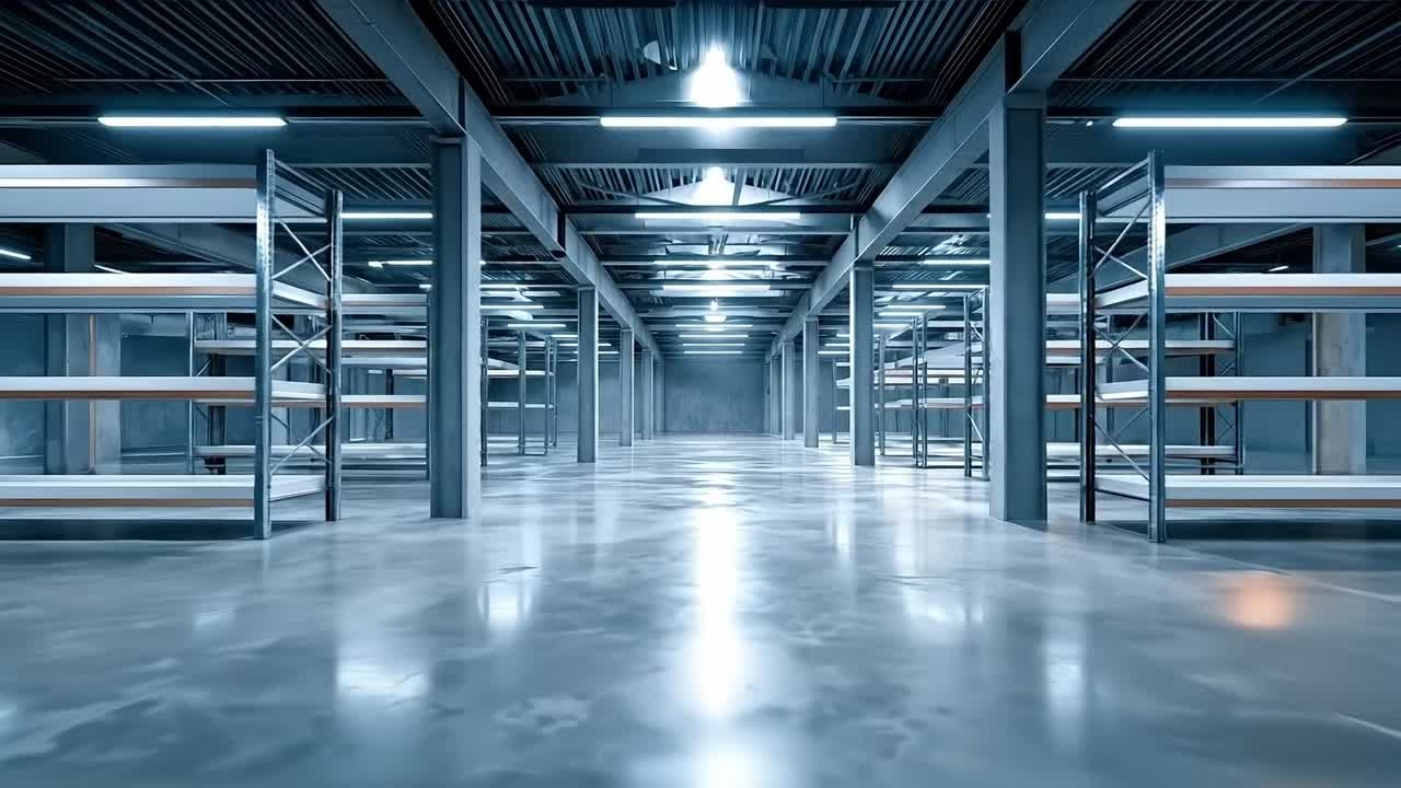 A large warehouse filled with lots of shelves and lights