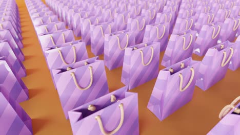 aumento de las ventas concepto de animación 3d que muestra filas de bolsas de regalos púrpuras