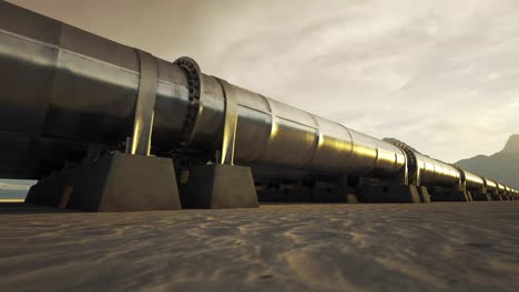 Five-streams-of-a-pipeline-with-heat-pipes-running-through-a-beautiful,-scenic,-foggy-desert-with-vast-mountains-in-the-background.-Fuel-travelling-through-a-pipe-system-supplying-petroleum.