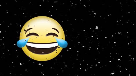 Animación-De-Confeti-Cayendo-Sobre-Emoji-Sonriente-Sobre-Fondo-Negro