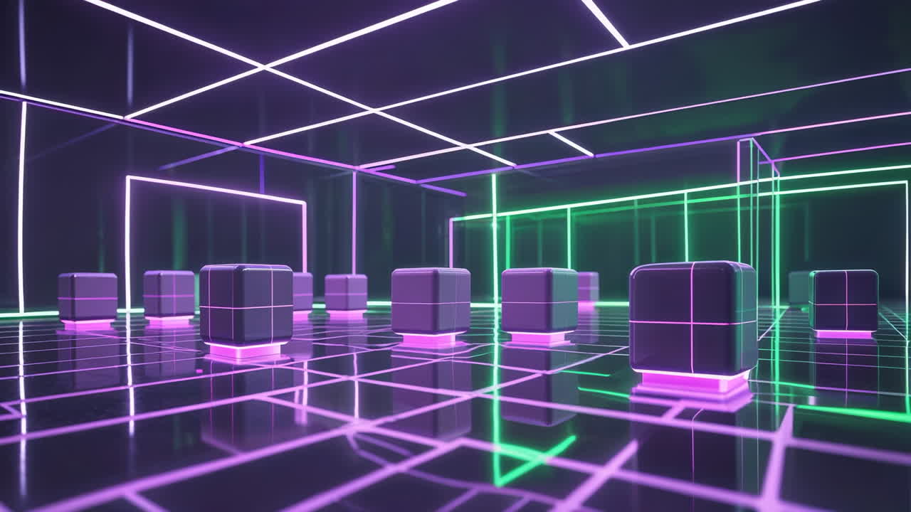 Futuristic Neon Grid Room with Glowing Cubes