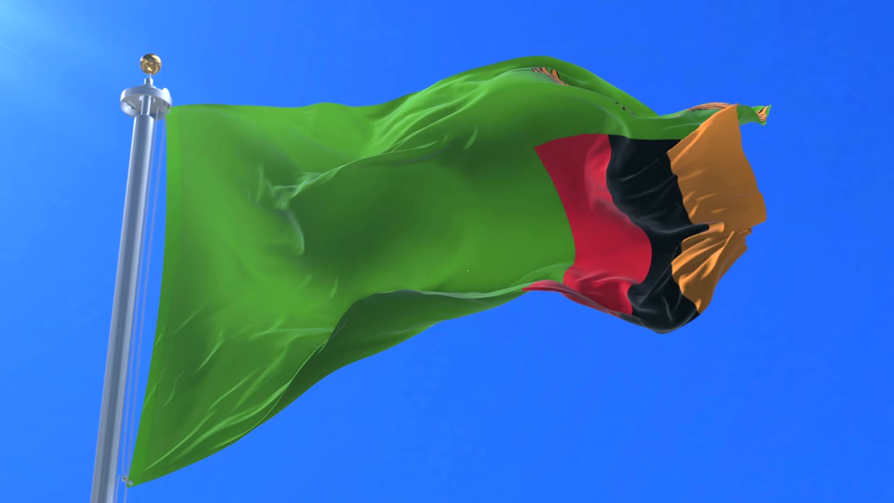 Zambia flag waving at wind in slow with blue sky, loop | Premium Stock ...