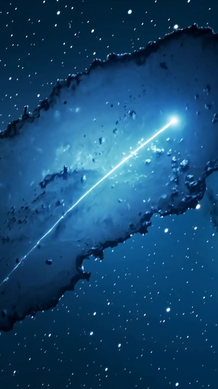 Vertical video: Bright point appearing lower left, streaking across blue slab in space leaving glow