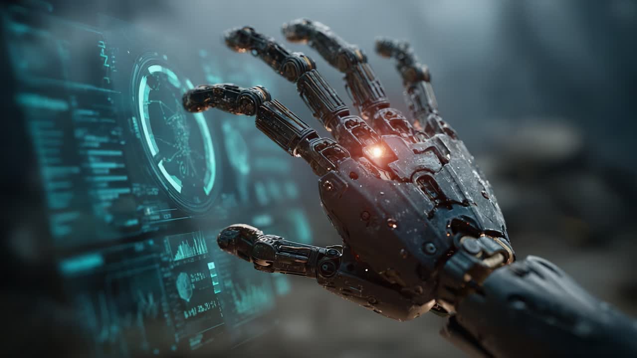 Primo piano di una mano robotica futuristica con display high-tech, che mostra tecnologia avanzata e visualizzazioni di dati in un ambiente fantascientifico