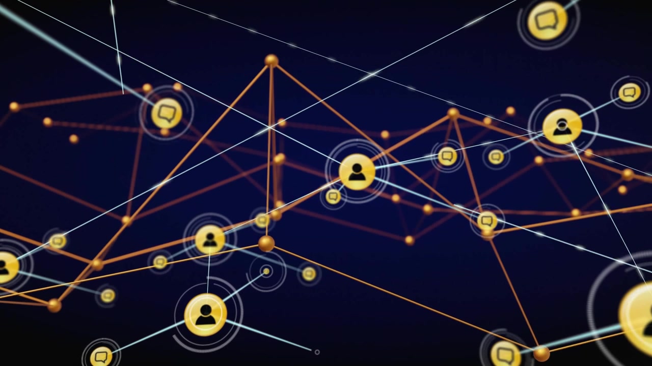 Invio di un avatar utente giallo centrale che emette scie di luce bianca attraverso una rete dorata, connettendo gli utenti