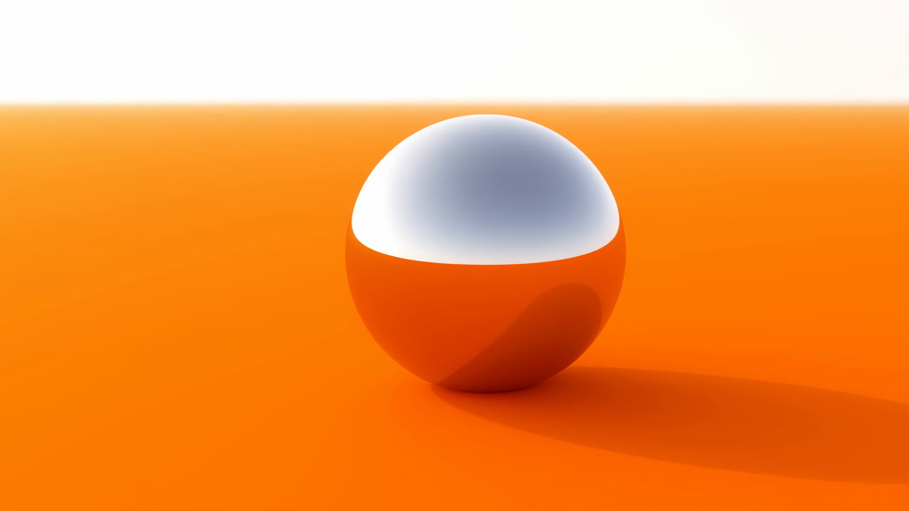 White Glossy Sphere On Orange Plane, Soft Studio Light With Crisp Reflection And Long Shadow, Minimal