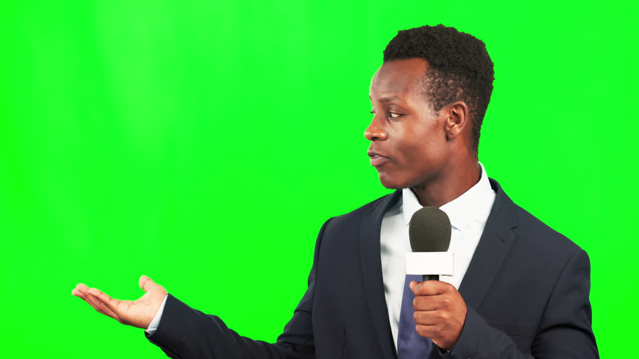 Green screen, black man reporter with microphone