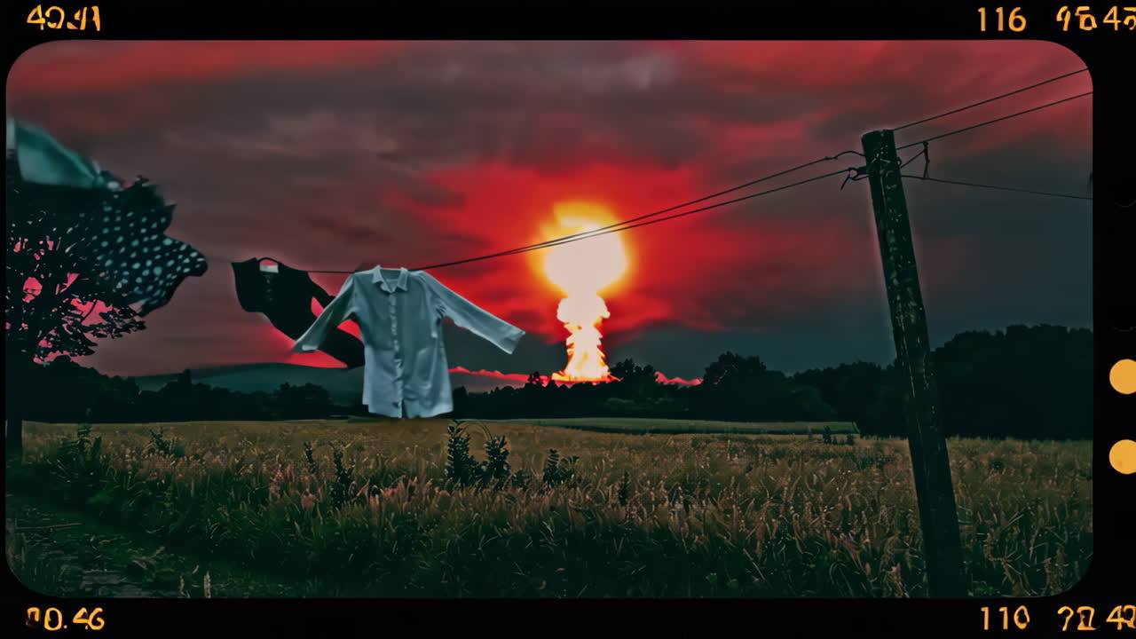 농촌 풍경 위의 핵 폭발과 옷줄