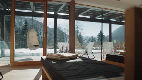 relax room with beds and a mountain view in a hotel spa center