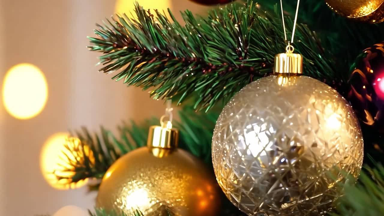 primer plano de un árbol de navidad con adornos dorados y rojos