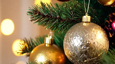 close-up of a christmas tree with gold and red ornaments