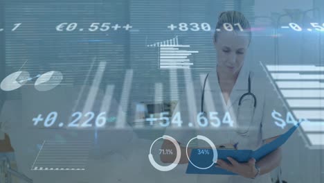 animation of financial data processing over caucasian female doctor with file