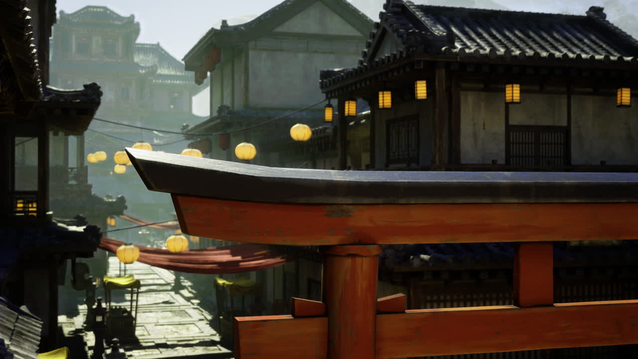 Lanterns illuminate a traditional street in an ancient city at dusk