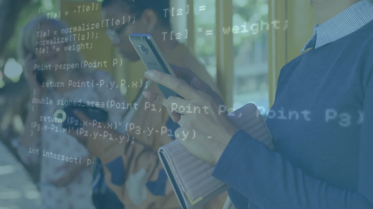 Animation of data processing against african american woman using smartphone at a bus stop