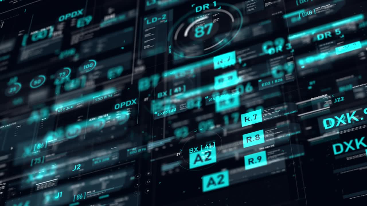 Futuristic user interface HUD GUI digital text number element for cyber technology concept with shallow depth of field dark and grain processed