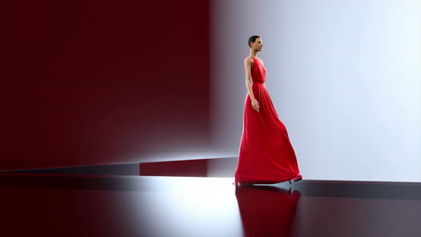 elegant woman in red gown in a stylized illuminated setting